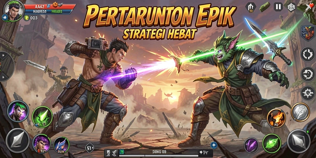 Screenshot gameplay AA62 menunjukkan pertarungan seru antara karakter yang berbeda.