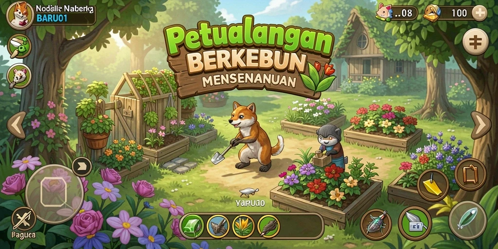 Screenshot utama BARU01 menampilkan keindahan kebun yang penuh warna.