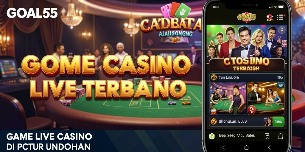 Screenshot gameplay GOAL55 menunjukkan dealer live dan suasana kasino yang nyata.