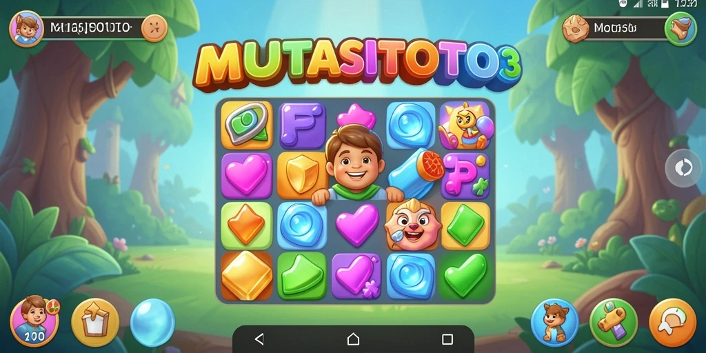 Screenshot menampilkan gameplay Match-3 yang seru dan penuh warna.
