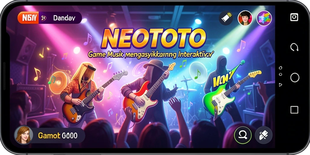 Screenshot gameplay NEOTOTO yang menunjukkan tantangan musik yang seru.