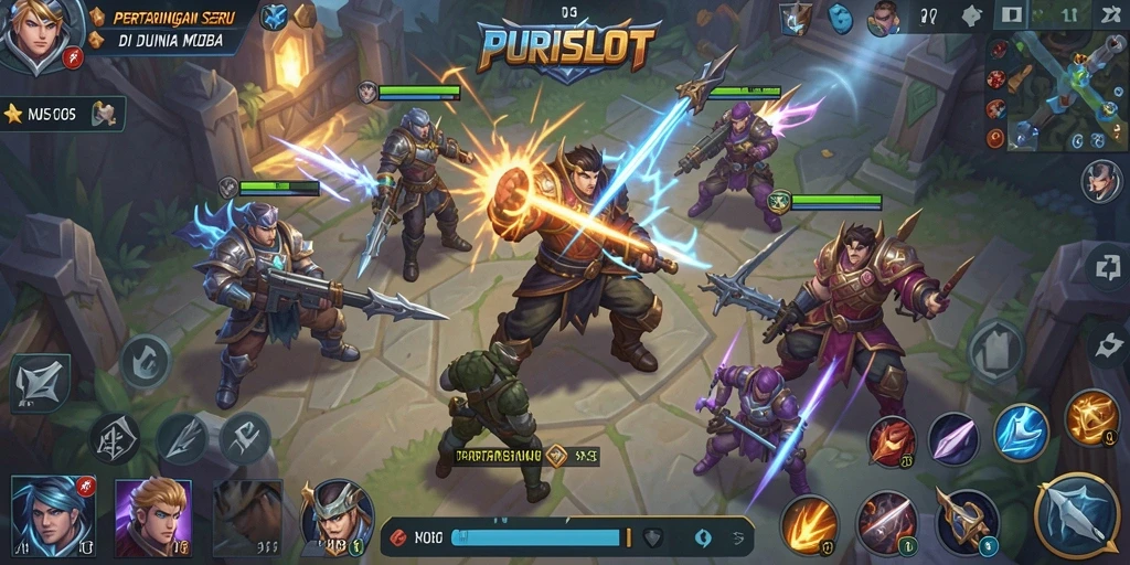 Gameplay seru PURISLOT yang menampilkan pertarungan tim di arena.
