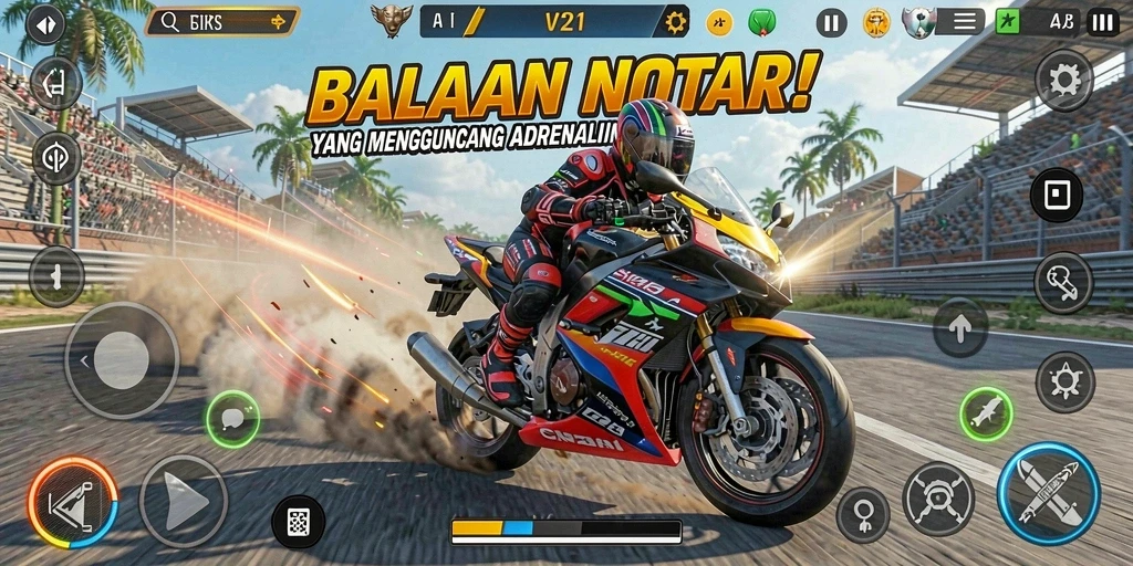Gameplay V21 yang menampilkan kecepatan tinggi balapan motor.